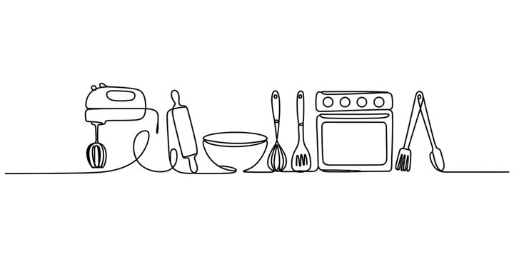 Continuous line drawing of baking tools kitchen equipment mixer rolling pin bowl whisk spatula oven and tongs for food preparation and cooking concept