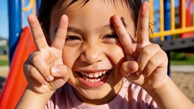 Laughing child holding peace signs at playground, reacting to camera while wearing light pink shirt