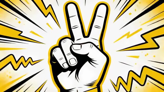 Bursting yellow lightning surrounding graphic hand holding V sign centered, highlighting gesture