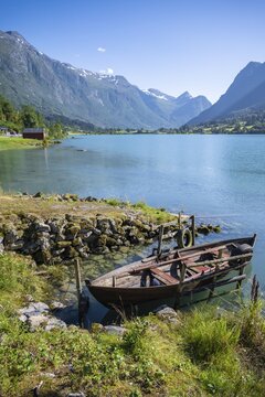 Rowing boat at lake Oldevatnet with Bergen, Olden, Stryn, Vestland, Norway