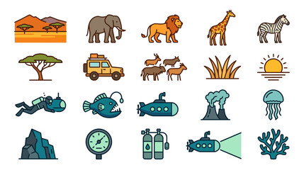 Obraz premium Colorful icons of animals and objects.