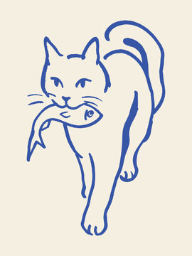 Cat carrying fish naive blue sketch vector illustration