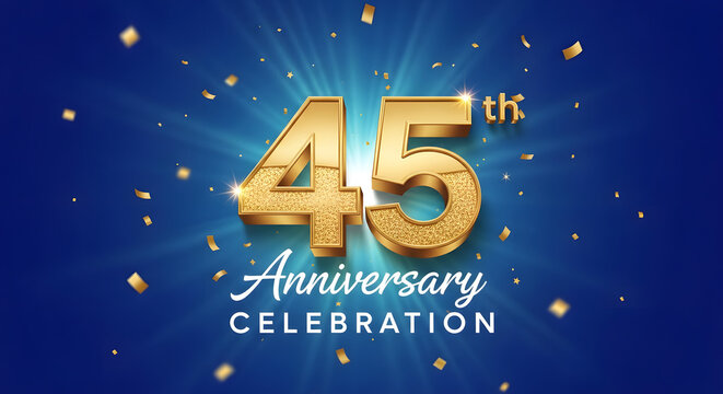 Golden 45th Anniversary Celebration with Confetti and Sunburst on Blue Background