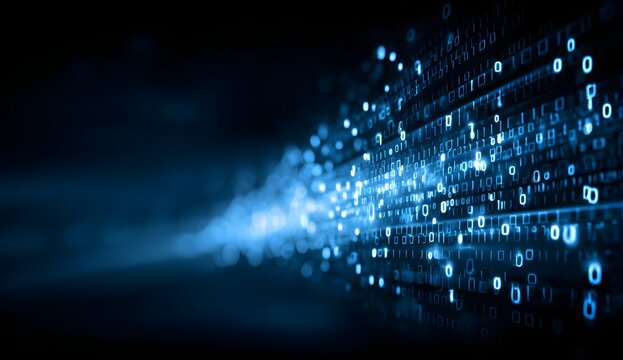 Futuristic digital data stream with binary code and glowing blue lights moving from left to right representing technology and information transfer