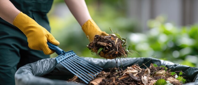 Person with gloved hands sifts through compost pile in outdoor scene with vibrant grass in the background under bright sunlight