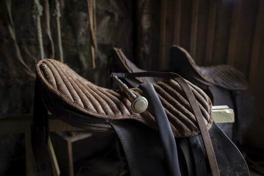 Old saddles, L&yacute;tingssta&eth;ir, North Iceland, Iceland