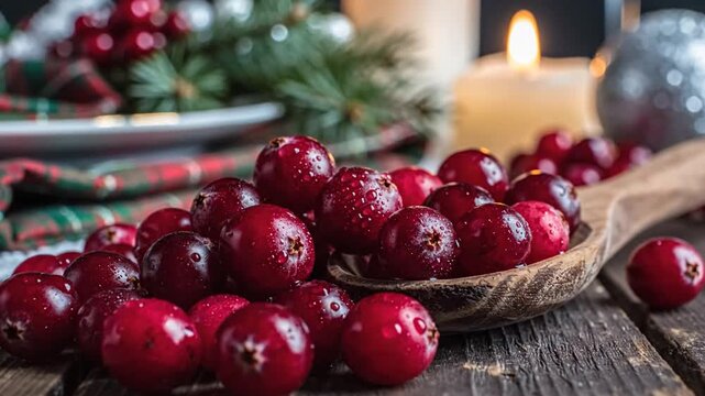 Fresh Cranberries on a Wooden Spoon with Festive Decorations