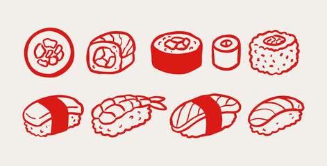 Hand drawn Japanese cuisine or authentic sushi illustration set with nigiri, maki, California and tuna rolls and sashimi © CreativeVerse