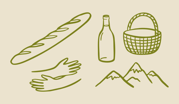 Hand drawn picnic and outdoor travel set with baguette, basket, mountains, reaching hands and wine bottle