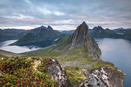 Steep mountain Segla, fjord Mefjorden with mountains, island Senja, Troms, Norway