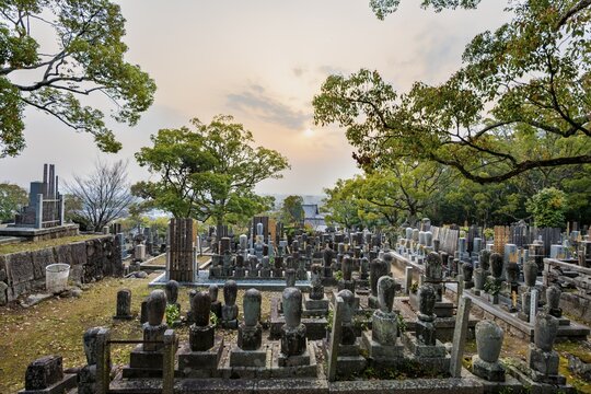Tombstones at cemetery at sunset, Konkai-Komyoji Temple, Kurodanichō, Kyoto, Japan