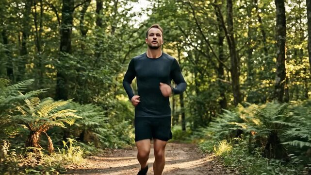 A runner checking a smartwatch on a forest trail, athletic focus in his expression, natural greenery and motion-ready posture, performance-tracking atmosphere with crisp outdoor daylight,