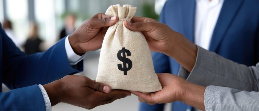 Business professionals exchange a money bag in an office setting, showing collaboration and trust in a financial transaction