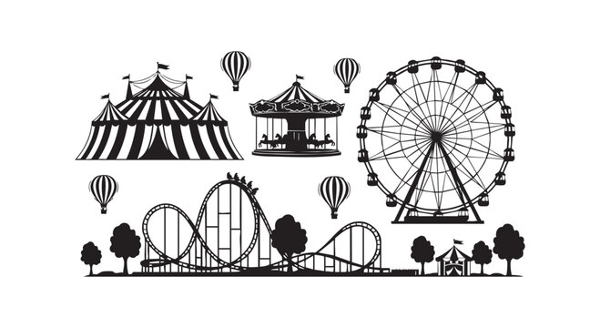 Exciting amusement park attractions with a Ferris wheel, roller coaster, carousel, and circus tent, great for fun themes.