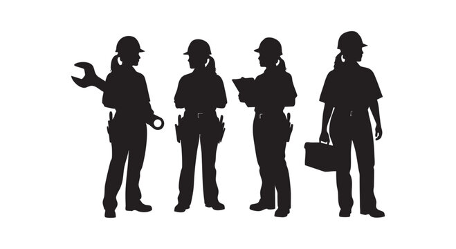 Female construction workers silhouettes, women with tools and hard hats on white background.