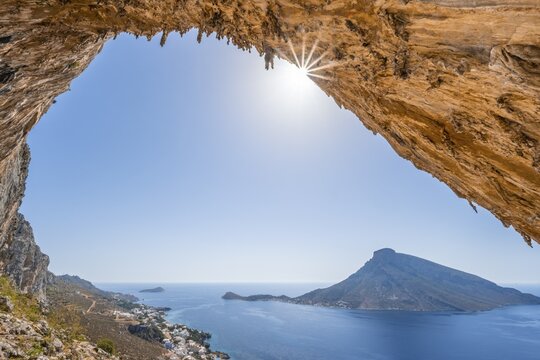 Grande Grotta, sector Armeos, climbing area for sport climbing, back island Telendos, Kalymnos, Dodecanese, Greece