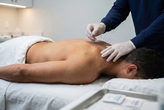 Man receiving dry needling treatment on trapezius muscle side view