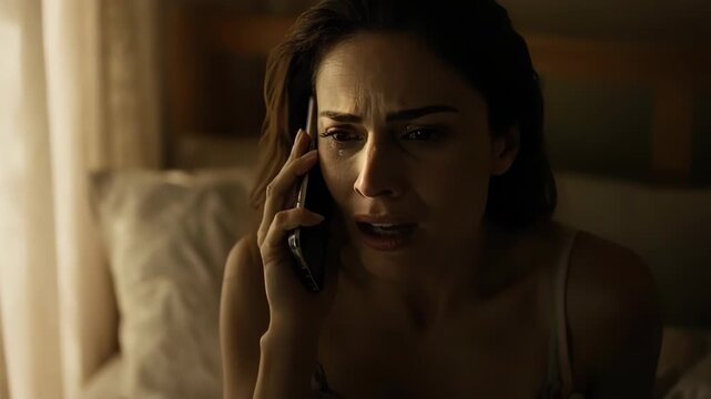 Woman reacting to tragic phone call at night, grief, heartbreak, emotional shock and sudden bad news concept