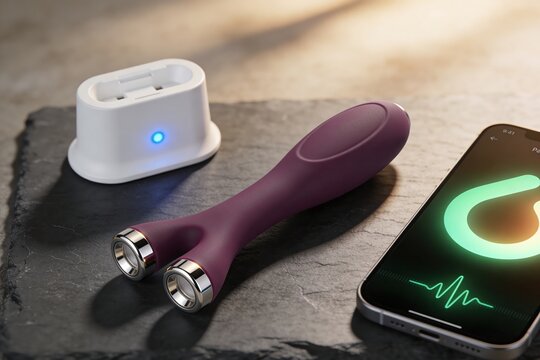 Pelvic floor biofeedback wand and charging dock smartphone app flat