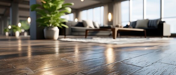 Fototapeta premium Lustrous dark wood floor reflects light in a modern room with black sofas, a coffee table, and a green plant, creating a stylish living space