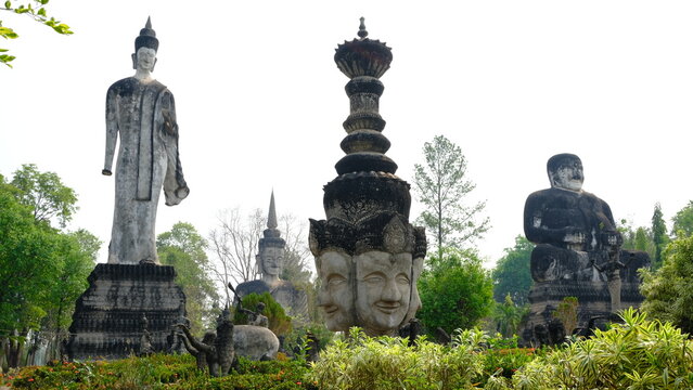 Giant concrete mystical statues and Buddhist sculptures at Sala Keoku park, famous religious landmark in Nong Khai, Thailand.