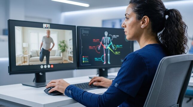 Woman analyzing skeletal medical data while telehealth patient