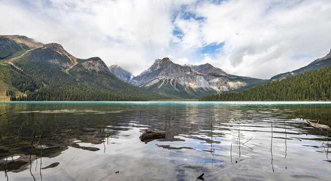 Mountains reflected in Emerald Lake, Yoho National Park, Canadian Rocky Mountains, British Columbia, Canada