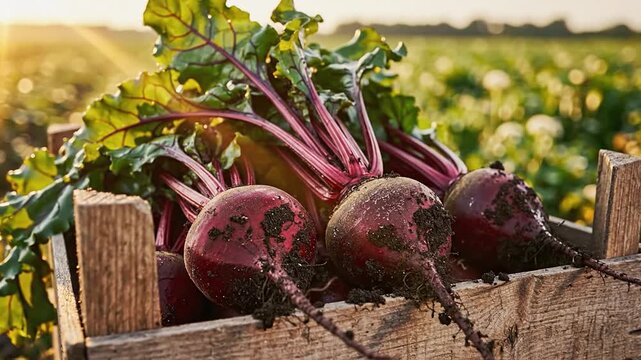 Freshly Harvested Beetroots in Wooden Crate at Sunrise
