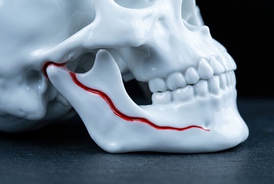 Human skull model with red jaw fracture line close-up side view