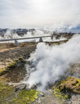 Geothermal, steam, hot springs with pipeline, Deildartunguhver, Reykholtsdalur, Iceland