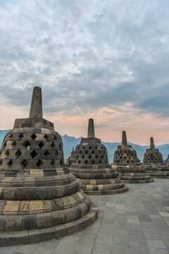 Borobudur temple, stupas, cloudy sky, Borobudur, Yogyakarta, Java, Indonesia