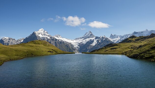 View of Grindelwald Glacier, Bachalpsee with summits of the Schreckhorn and Finsteraarhorn, Grindelwald, Bernese Oberland, Switzerland