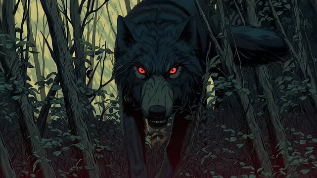 Dark Wolf with Glowing Red Eyes Growling in the Forest Animation