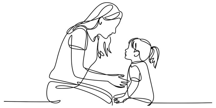 Continuous single line drawing of a mother talking to her little daughter sitting together with love and care