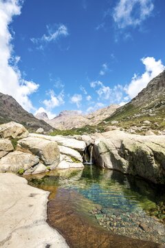 Pool with small waterfall in the mountains, river Golo, Nature Park of Corsica, Parc naturel r&eacute;gional de Corse, Corsica, France