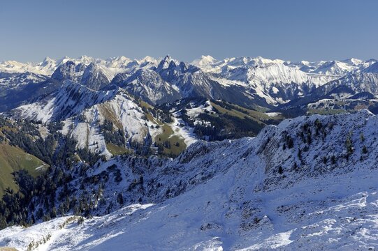 View from Roche de Naye mountain in the Bernese Alps, Eiger, Monch and Jungfrau mountains in the distance, Vaud, Switzerland, Europe