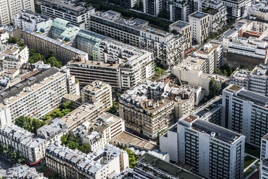 View of houses and streets from Eiffel Tower, La D&eacute;fense, Paris, Ile-de-France, France