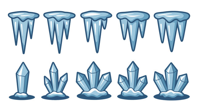 Set of cartoon style icicles and blue crystal formations on white background with crystals, formation