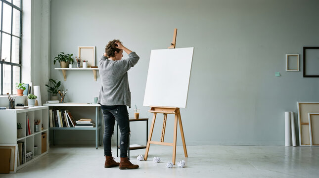 artist facing blank canvas in studio with creative block concept