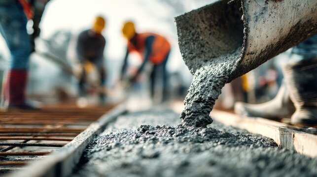 Closeup of fresh wet concrete pouring from a chute onto a construction site with workers in the background