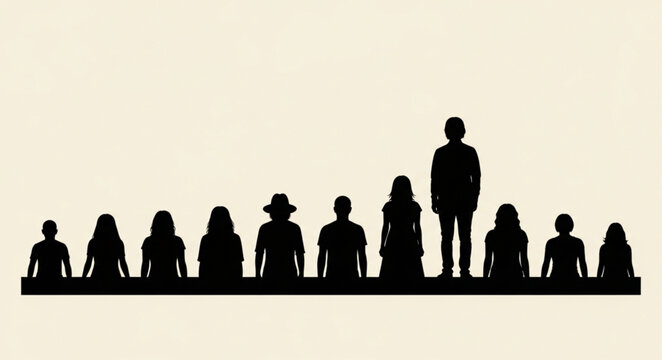 Silhouette of a group of people standing in a line with one person taller than the rest.