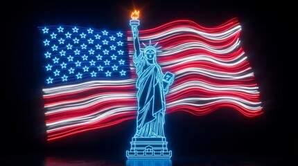 Naklejka premium Neon statue of liberty outline glows brightly against a waving american flag background creating a vibrant patriotic display for independence day celebrations