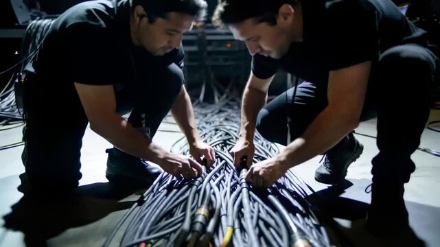 Starting inspection, two techs preparing audio cables backstage in dark clothing with plugs
