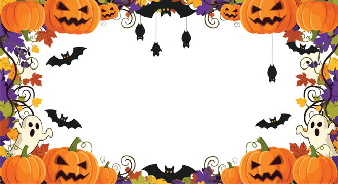A Halloween-themed border with pumpkins, bats, and ghosts