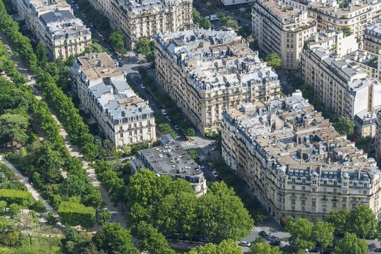 View of houses and streets from Eiffel Tower, 7th arrondissement, Paris, Ile-de-France, France
