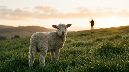 Fototapeta premium Lamb stands in field at golden hour