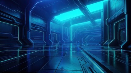 Fototapeta premium Futuristic sci-fi corridor with glowing blue neon lights, high-tech spaceship interior hallway with metallic surfaces, cinematic laboratory background for gaming and science fiction concepts.