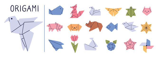 Fototapeta premium Origami animals. Asian art. Japanese traditional hobby. Pets muzzle. Dove birds. Creative fish and mammals. Handmade geometric flower. Vector set of figures folded from colorful paper