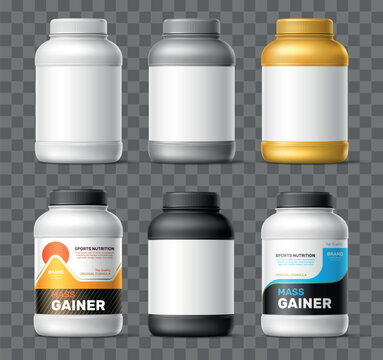 Packaging mockups for protein products. Realistic images of plastic jars in black, silver, gold, and white. Closed pots. Sports supplements and fitness nutrition. Vector 3D packages set