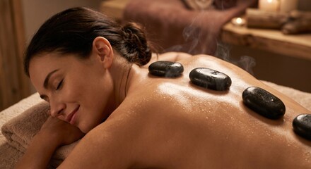 Close-up of a relaxed woman receiving a hot stone massage with visible steam and body oil, luxury spa wellness treatment.